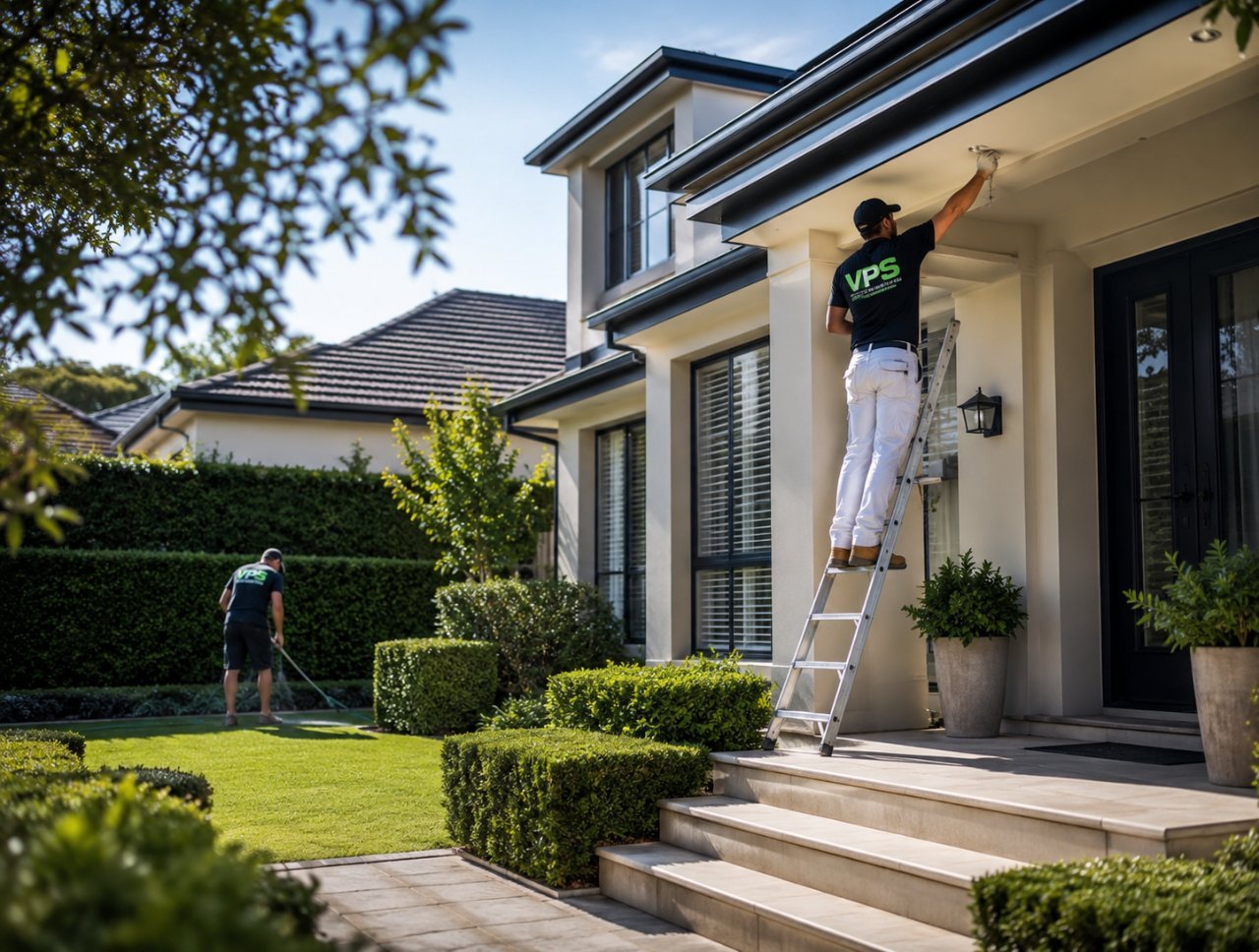 Verdi Property Services crew painting eaves and maintaining the garden at a Sydney home